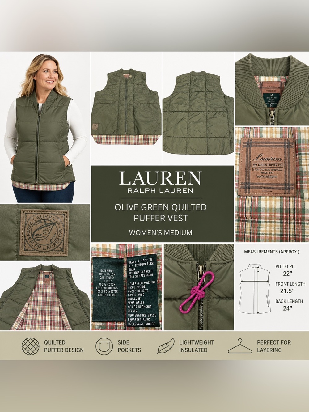 Lauren Ralph Lauren Olive Green Quilted Puffer Vest Plaid Lining Women’s‎ Medium